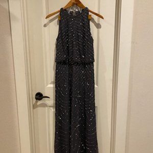 Adrianna Papell Beaded Blouson Dress With Halter Neckline, Gunmetal Gray, Size 2